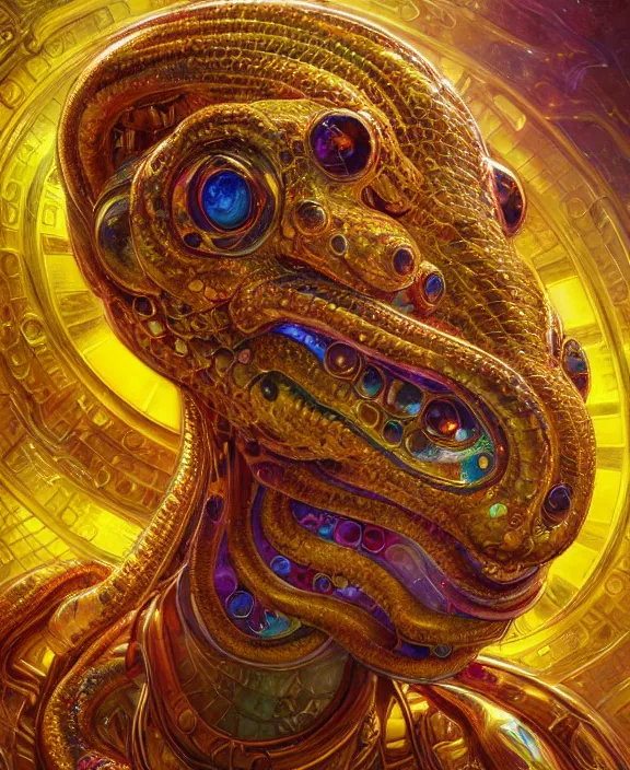 Prompt: intricate golden portrait of a disturbing beautiful alien snake creature covered in colorful crystals, mottling coloring, adorable, childlike, medical equipment hospital environment, ultra realistic, concept art, art nouveau, photorealistic, octane render, 8 k, unreal engine. art by christopher marley and artgerm and greg rutkowski and alphonse mucha