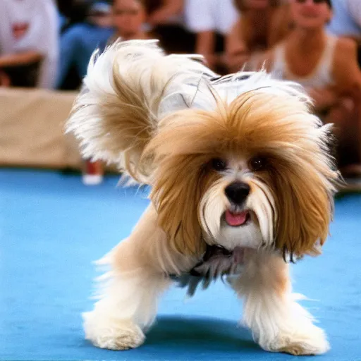 Prompt: “a cream-colored havanese dog in a break dancing contest, 1988, Los Angeles, Kodachrome, 10 mm, photo”