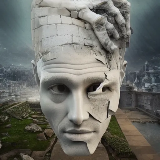 Image similar to peter tarka, minimalistic, broken giant marble head statue ruins, hyperrealistic surrealism, award winning masterpiece with incredible details, epic stunning, infinity pool, a surreal vaporwave liminal space, highly detailed, trending on ArtStation, artgerm and greg rutkowski and alphonse mucha, daily deviation, IAMAG