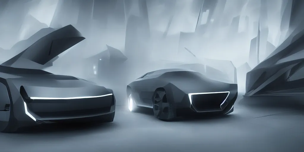 Image similar to a design of a futuristic vehicle, designed by Polestar, blade runner background, brushed gunmetal car paint, black windows, dark show room, dramatic lighting, hyper realistic render, depth of field