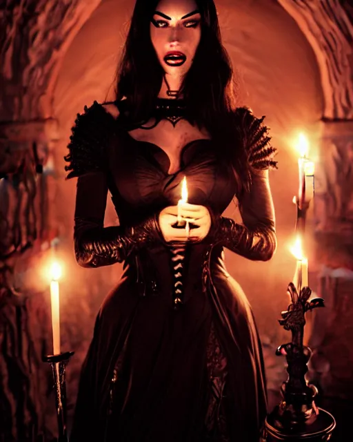 Image similar to megan fox witch queen, black eyes, blood, full body, intricate victorian dress, cinematic lighting, symmetrical eyes, rafael albuquerque, charlie bowater, frank frazetta, moody lighting, candles