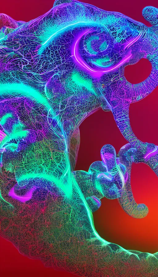 Image similar to 8K UHD Houdini render of ifs fractal elephant, background bioluminescent swirling wisps, red yellow green blue smoke gradient palette, volumetric lighting, 18 mm lens