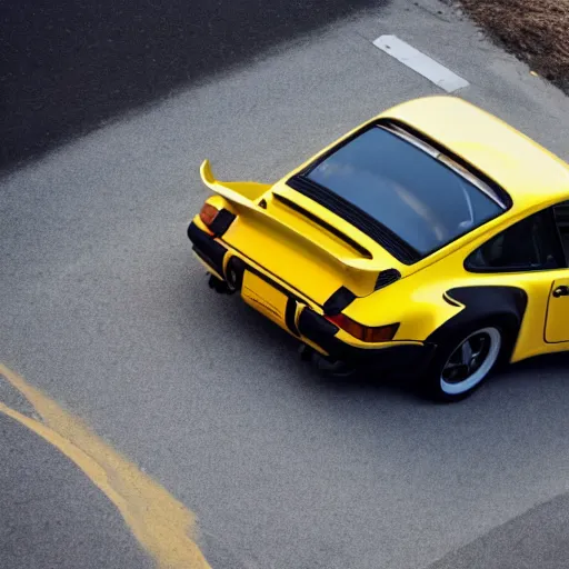 Image similar to an attractive young women driving a yellow 1 9 8 5 porsche 9 1 1 turbo, sunset, 4 k