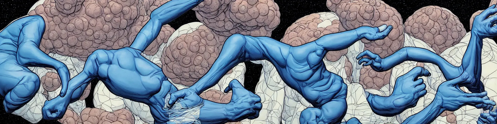 Image similar to mr. fantastic from the fantastic four showing off his weird limbs illustrated by james jean with very long hands and arms and fingers and legs and feet twirling and twisting around in a very high tech lab in space