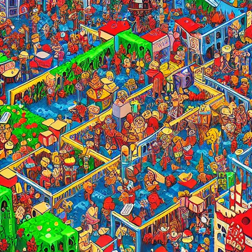 Image similar to children's puzzle art in the style of where's waldo, fantasy landscape full of clearly drawn individual characters, extremely detailed, sharp focus, pixelart, wide view, digital illustration, by dan mumford, greg rutowski, johan grenier