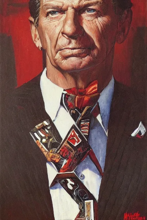 Prompt: a closer personal portrait of vince mcmahon with very piercing eyes, very charismatic. in the old ancient temple of luxor. masterpiece, dark. painted by norman rockwell and james gurney