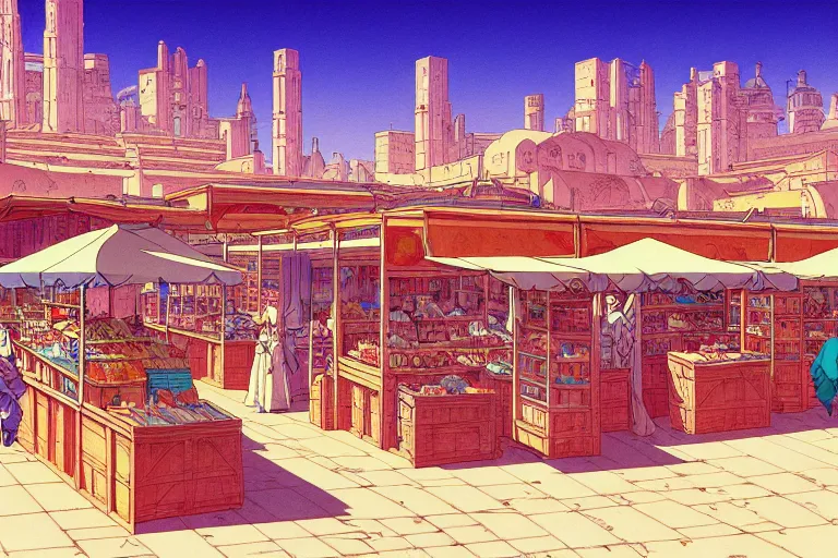 Image similar to cel-shaded study of a marketplace in a desert city with late renaissance buildings in the background, key visual with intricate linework, in the style of moebius, ayami kojima, 90's anime, retro fantasy