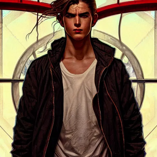 Image similar to character concept portrait, symmetrical head-on centralized, tired young man wearing tattered clothes. Detailed, high quality, dynamic lightning, fantasy. Artwork by Artgerm, WLOP, Alex Ross, Greg Rutknowski, Alphonse Mucha