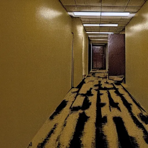 Image similar to Creepy creature in the backrooms, old moist carpet, mono-yellow, fluorescent lights, randomly segmented rooms, eerie