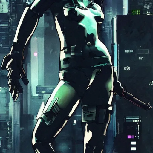Image similar to cyberpunk military mafia woman with cybernetic arm, Yoji Shinkawa