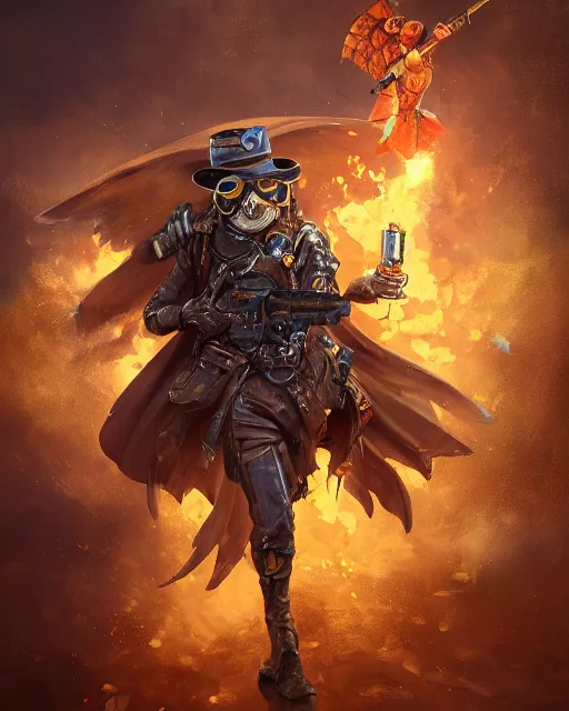 Image similar to oil painting of Owl Soldier holding steampunk gun, sharp focus, exploding golden steampunk city background, full body, heroic pose, fantasy style, octane render, volumetric lighting, 8k high definition, by greg rutkowski, highly detailed, trending on art Station, magic the gathering artwork, centered, dramatic artwork, combat scene