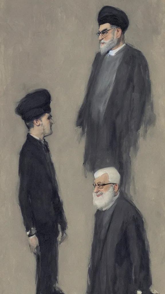 Image similar to spongebob beside ali khamenei by john singer sargent, cinematic, detailed