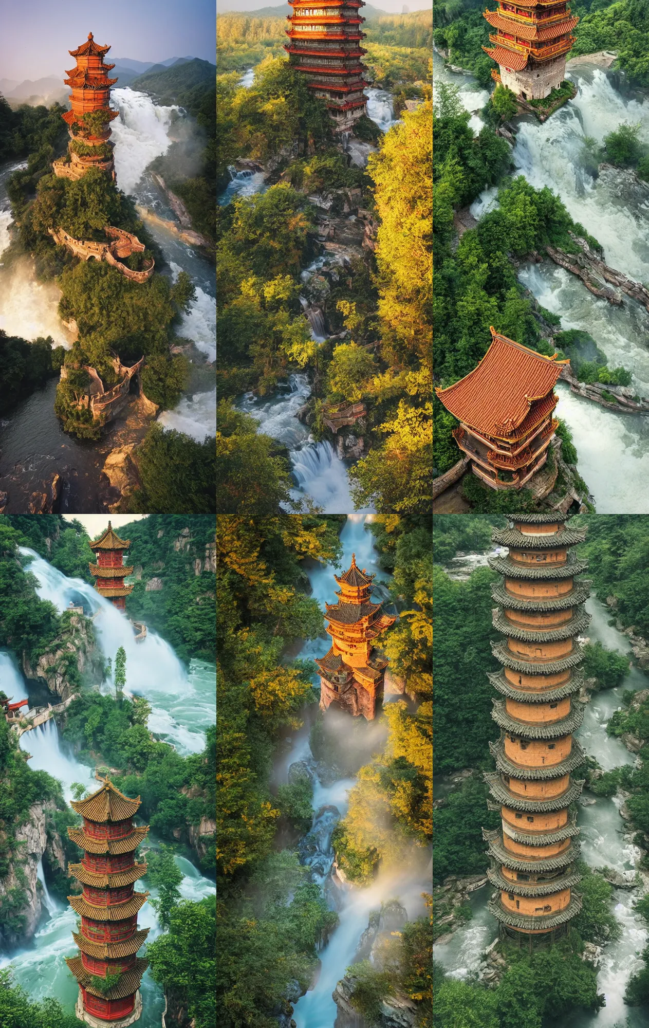 Prompt: kodak portra 4 0 0 photo of detailed ancien chines tower, with waterfalls and river, golden hour, trending on pinterest, wide angle, 3 5 mm, sharp focus, soft light, volumetric light, in the style of gregory crewdson, masterpiece