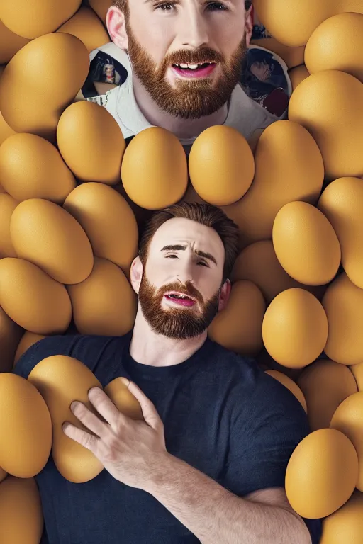 Prompt: chris evans peeks out of an egg, very detailed, published in the times magazine, 8 k