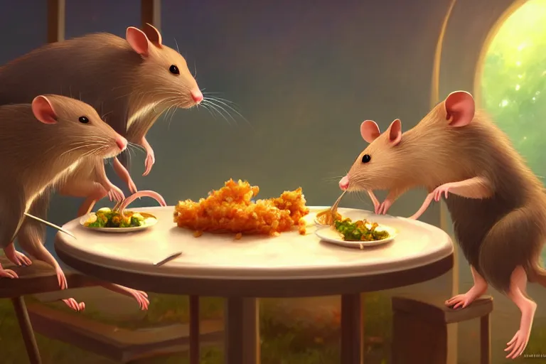 Image similar to anthropomorphic rats eating a delicious dinner, key visual, a fantasy digital painting by makoto shinkai and james gurney, trending on artstation, highly detailed