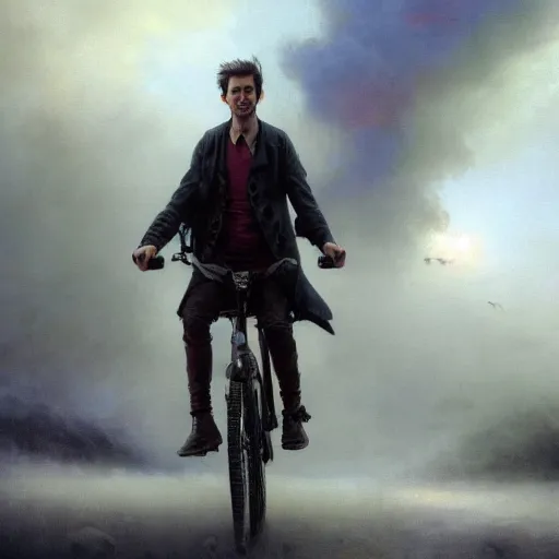 Image similar to cinematic shot epic portrait david tennant riding a bicycle in the streets, atmospheric, cloudy, broad light, ambient occlusion, volumetric light effect, made by ivan aivazovsky, peter mohrbacher, greg rutkowski, ross tran, matte painting, trending on artstation, 4 k, perfectly defined features, digital painting, cinematic, epic, highly detailed,