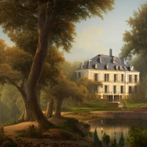 Image similar to a large serene beautiful matte painting of a quaint french country mansion, by asher brown durand and greg rutkowski, featured on artstation, blue and orange color scheme