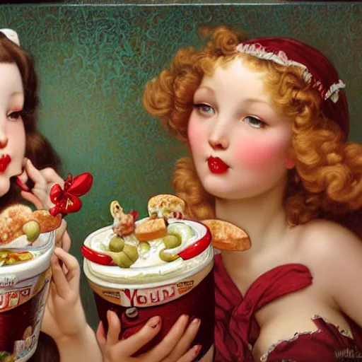 Prompt: closeup of 3 girlfriends, hot dogs and yogurt is a messy eating contest, wlop, elvgren, mucha, mark ryden