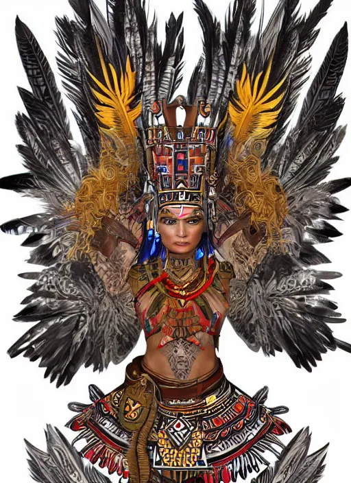 Image similar to character design, full body view, head to feet view, beautiful aztec warrior, muse goddess, crown of very long quetzal feathers, glowing aztec tattoos, pretty, dark fantasy