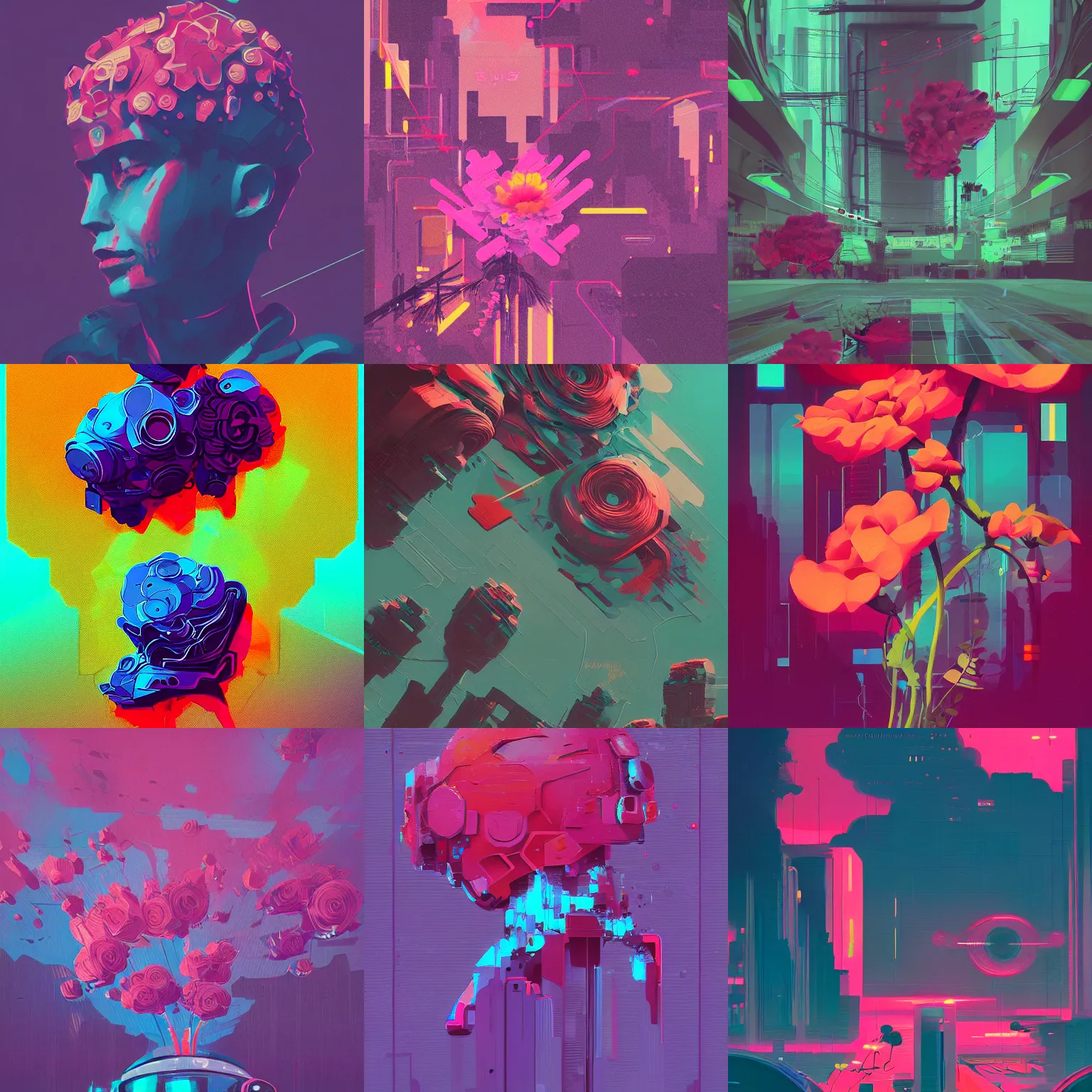 Prompt: a graph style guach impasto flowers, cyberpunk art by james gilleard, cgsociety, retrofuturism, synthwave, retrowave, outrun.