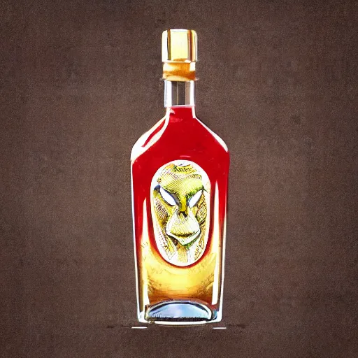 Prompt: bottle of italian liqueur with the face of a python as a logo, photorealistic, style of a court sketch