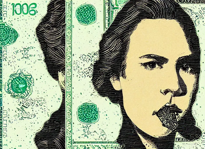 Image similar to reylo kissing dollar bill design