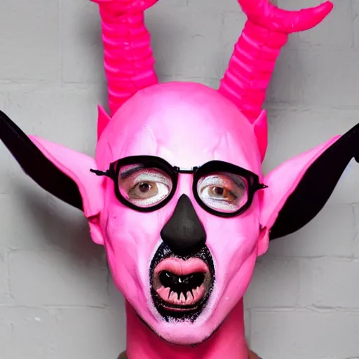 Image similar to bad bunny dressing up as a demon for halloween, artistic, pink pastel, realistic, close up, varying angles