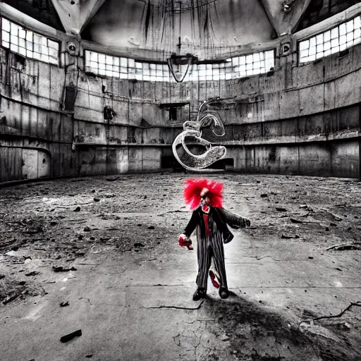 Prompt: abandoned circus, there is one clown in the middle of the stage, photograph, 50mm