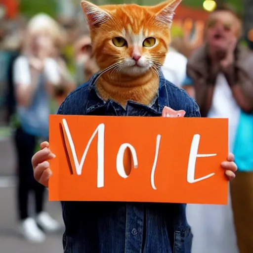 Image similar to cute orange tabby cat holds sign that says