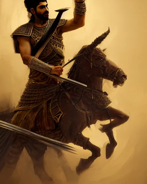 Image similar to portrait of a Persian Prince fighting at war, warrior, brutal battle, handsome prince, shaved face, without beard, attractive young man, shaved face, heroic pose, dramatic lighting, dark and horror, action and tragedy, dust and blood, intricate, wild, highly detailed, digital painting, artstation, concept art, smooth, sharp focus, illustration, art by artgerm and greg rutkowski and alphonse mucha, footage from space camera