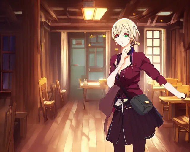 Image similar to key anime visual portrait of a young female with luggage in a tavern interior, dynamic pose, dynamic perspective, cinematic, dramatic lighting, muted colors, fine detail, textured, finely detailed eyes, anime proportions