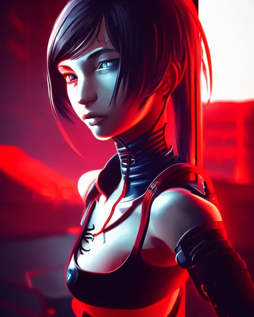 Image similar to a detailed potrait of a cyberpunk cyborg girl with black and red parts, perfect face, realistic shaded perfect face, detailed. night setting. very anime style. realistic shaded lighting poster by ilya kuvshinov katsuhiro, unreal engine, global illumination, radiant light, detailed and intricate environment