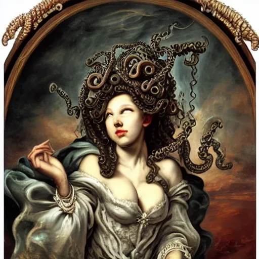 Prompt: lovecraftian cthulhu high priestess with tentacles and ornate robes portraiture matte painting by peregrino, tintoretto, van dyke, peter paul rubens, jean baptiste greuze, giovanni battista piazzetta, fayum, diego velazquez trending on artstation, highly detailed,