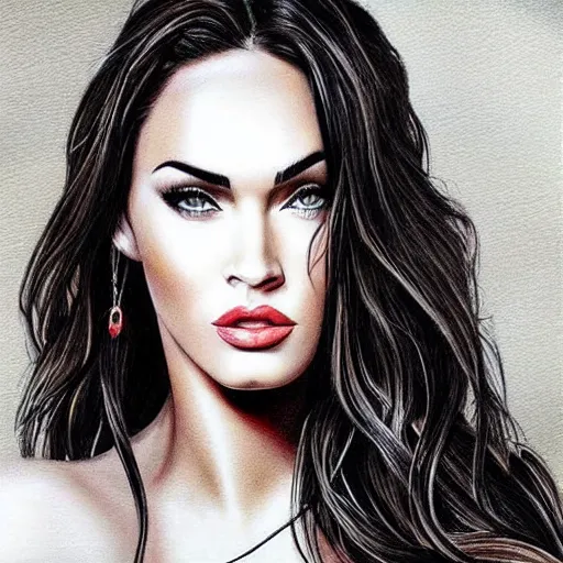 Image similar to “Beautiful Megan Fox Red pencil paintings, ultra detailed portrait, 4k resolution”