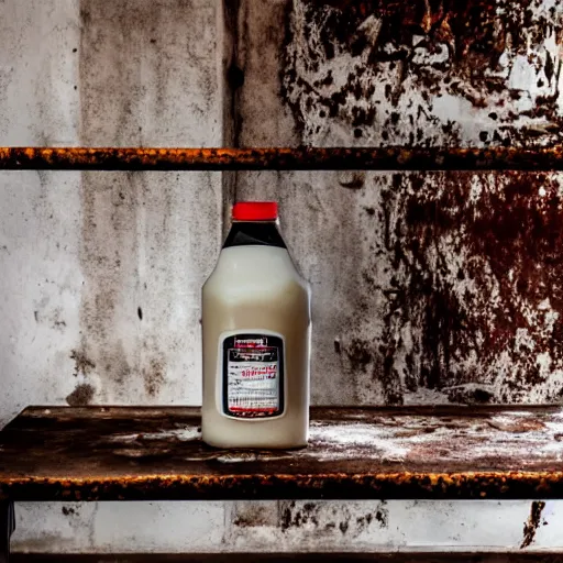 Image similar to bottle of milk, over a rusted metal table inside slaughterhouse