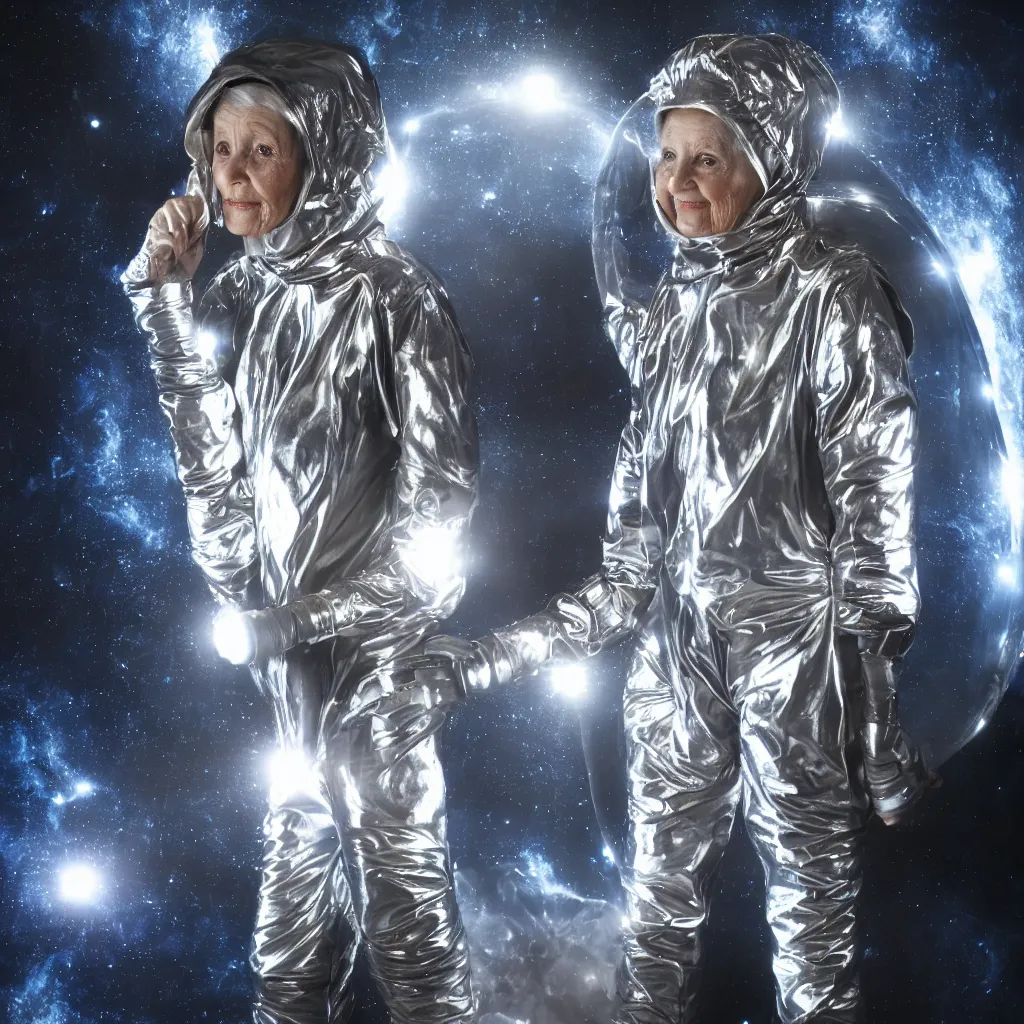 Image similar to 1 9 8 0 s sci - fi portrait photo, an elderly woman wearing a dramatic silver foil and rubber hose spacesuit costume standing on a dark and mysterious alien planet, atmospheric fog, light beams, 4 k