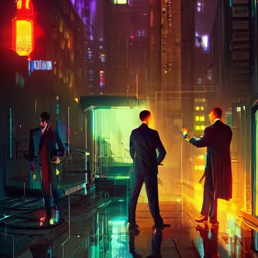 Image similar to two cyberpunk businessmen, detailed digital illustration by greg rutkowski, cyberpunk back alley, nighttime, colorful lighting, android netrunner