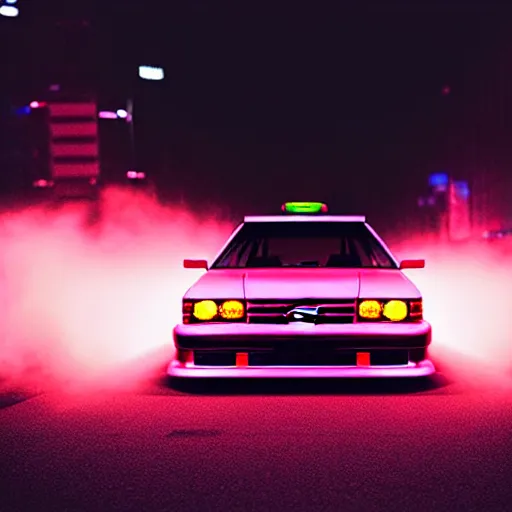 Image similar to a car Toyota Chaser twin-turbo at illegal car meet, Saitama prefecture, city sunset mist neon lights, cinematic color, photorealistic, highly detailed, 200MM