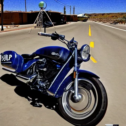 Prompt: a ball shaped motorcycle on route66 3d 8k photo