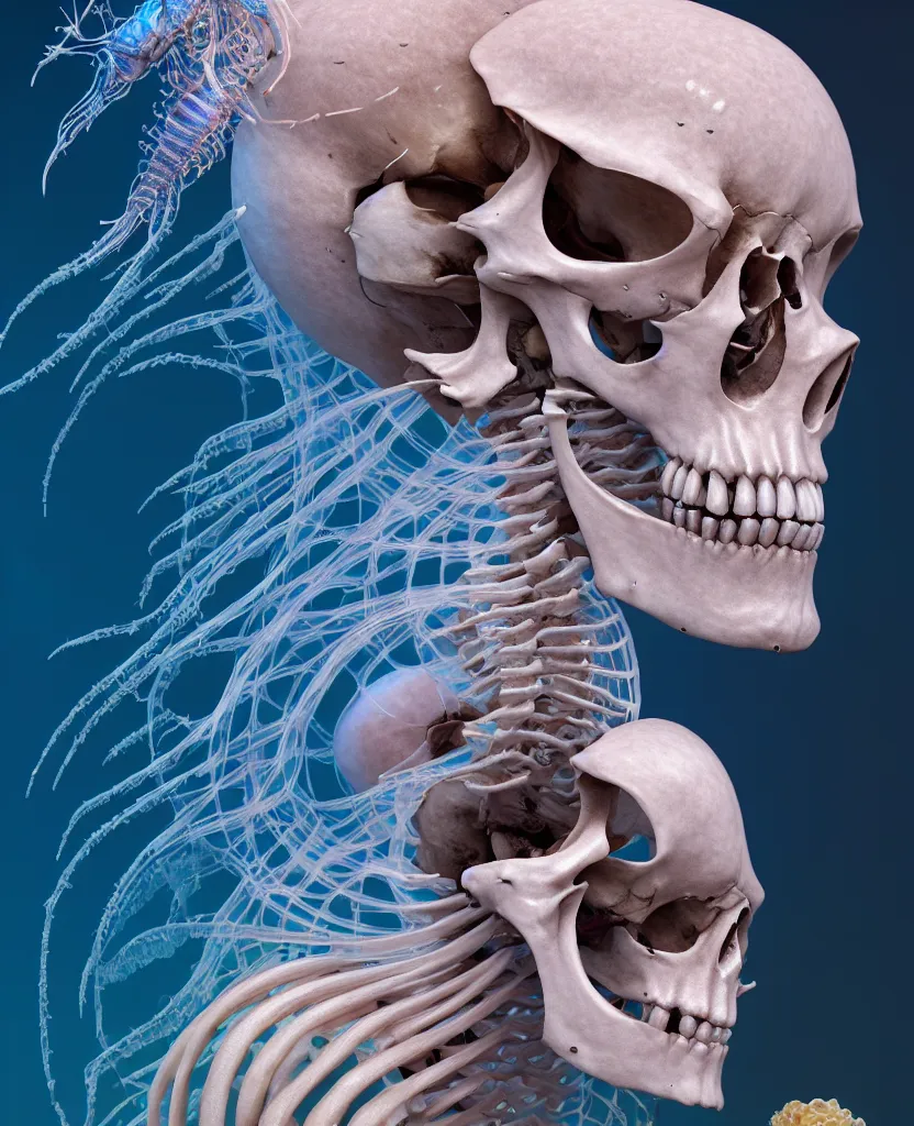 Image similar to goddess close-up portrait human skeleton, ram skull, skeleton, thorax, x-ray, backbone, jellyfish phoenix head, nautilus, orchid, skull, betta fish, bioluminiscent creatures, intricate artwork by Tooth Wu and wlop and beeple. octane render, trending on artstation, greg rutkowski very coherent symmetrical artwork. cinematic, hyper realism, high detail, octane render, 8k