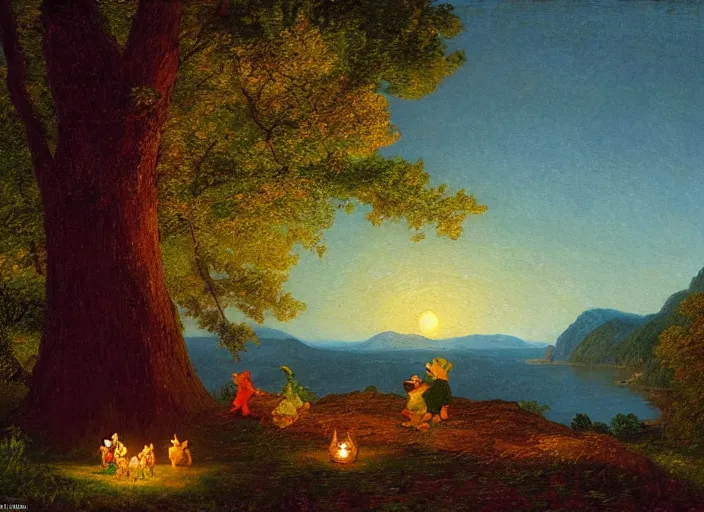 Image similar to american realist romanticism landscape painting of winnie the pooh characters at night, night time, colorful paper lanterns, in the style of hudson river school and thomas cole and albert bierstadt and robert duncanson and vincent van gogh