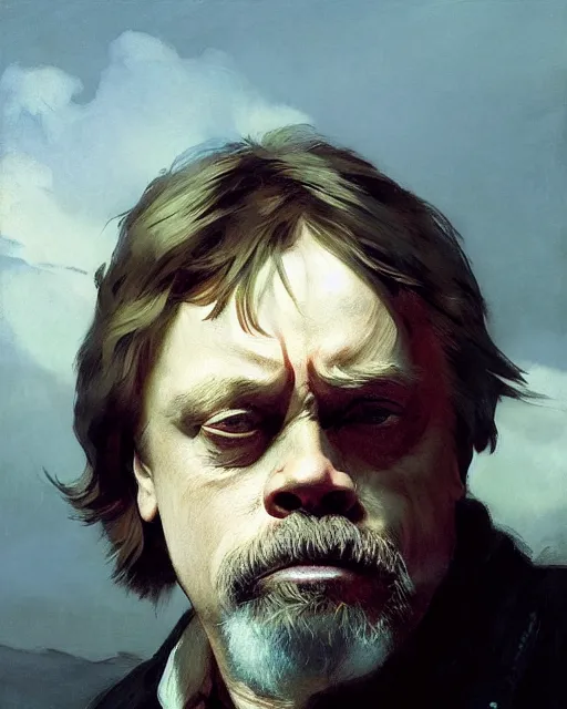 Prompt: mark hamill as a grizzled emanciated drunk poet. fantasy science fiction art by greg rutkowski, gustave courbet, rosa bonheur, edward hopper. faithfully depicted facial expression, perfect anatomy, sharp focus, global illumination, radiant light, detailed and intricate environment, trending on artstation