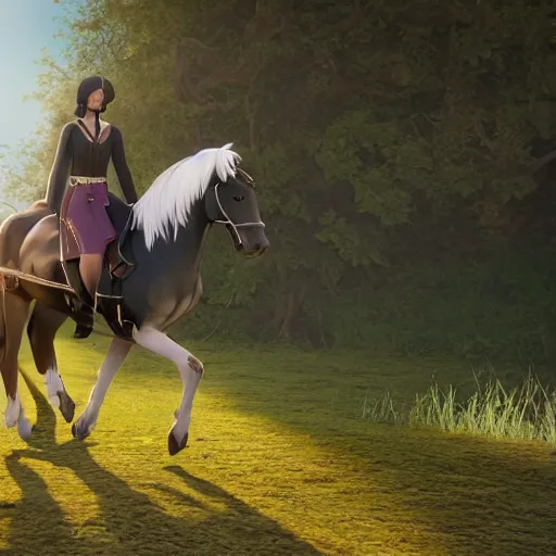 Prompt: The black-haired young witch travels on her horse to the land of dreams, unreal engine 4