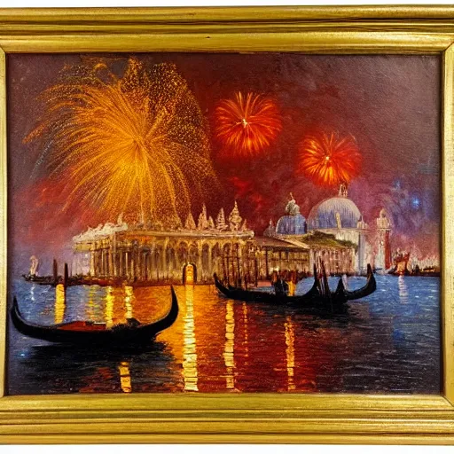 Image similar to an oil painting of couple kissing, in a background fireworks in venice