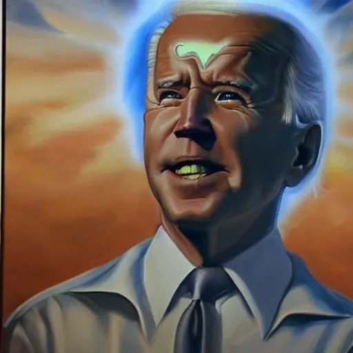 Image similar to Joe Biden flying in the sky as a divine god, Biden has glowing red eyes, oil painting