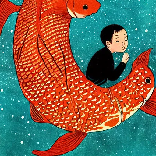 Image similar to giant koi carper in a magical underwater world, little boy sitting on his back oil painting victo ngai