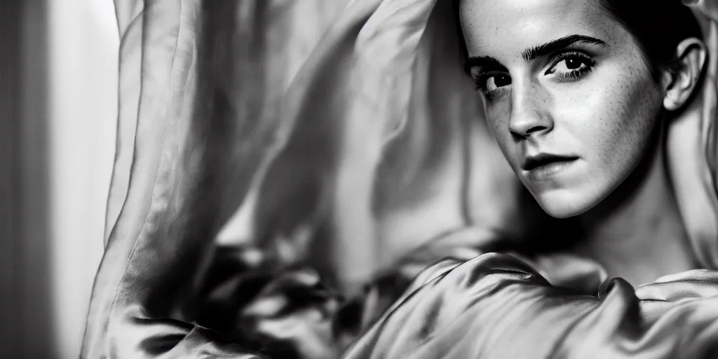 Prompt: portrait Emma Watson flowing silk robes baroque room cinematic lighting Stanley Kubrick canon 5d mk4