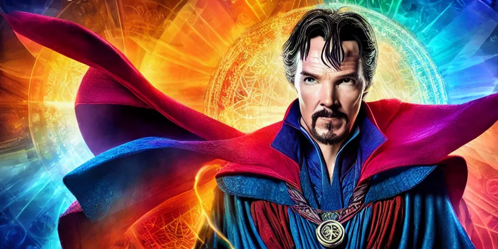 Prompt: doctor strange combined with waya steurbaut hero combination rainbow glowing suite high resolution film render 100k, photo realistic, epic, colourful close up shot