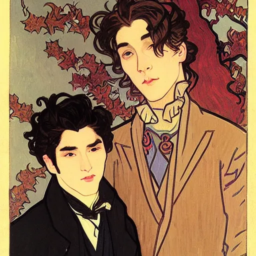 Image similar to painting of young cute handsome beautiful dark medium wavy hair man in his 2 0 s named shadow taehyung and cute handsome beautiful min - jun together at the halloween! party, bubbling cauldron!, candles!, smoke, autumn! colors, elegant, wearing suits!, delicate facial features, art by alphonse mucha, vincent van gogh, egon schiele