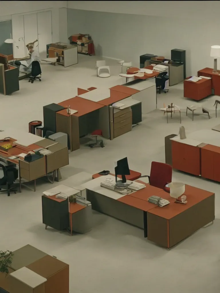 Image similar to a still of severance series ( 2 0 2 2 ) indoor 7 0 s furniture office scenario appearing in a film of jacques tati